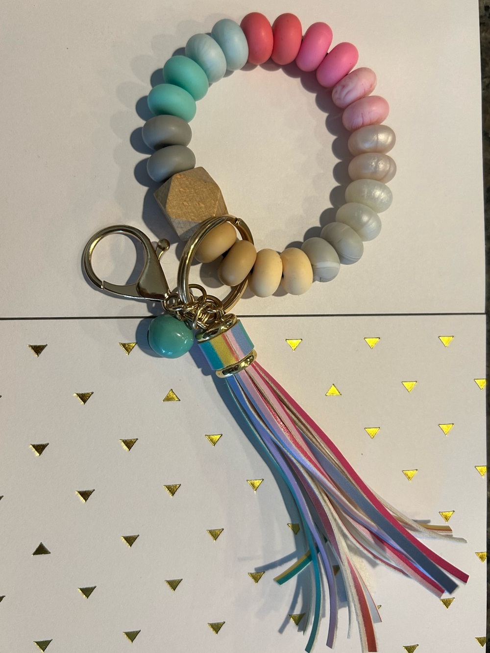 Pastel Rainbow Beaded Wristlet Keychain with Tassel - Pink & Mint